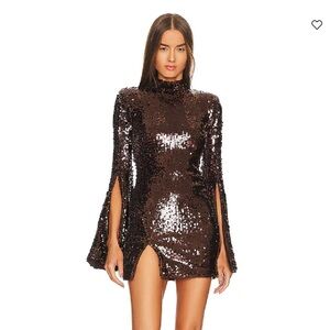Sequin Split-Sleeve Mini Dress in Brown